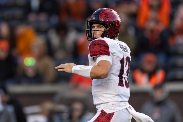 San Diego State quarterback Draiden Trudeau (13) throws the ball in the second half of Saturday's loss to Oregon State at Reser Stadium in Corvallis, Ore. (Photo by Logan Hannigan-Downs/Icon Sportswire) (Icon Sportswire via AP Images)