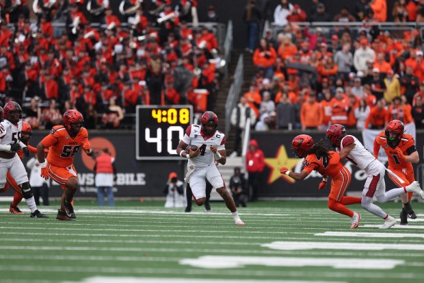 San Diego State quarterback Jayden Denegal scrambles durign Saturday's loss to Oregon State at Reser Stadium in Corvallis, Ore. (Justin Truong, SDSU athletics)