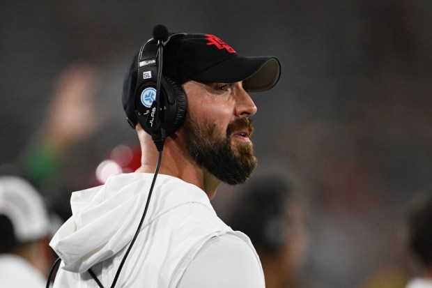 San Diego State Aztecs head coach Sean Lewis looks on during the first half of a college football game against the Texas State Bobcats Oct. 3, 2026 in San Diego, Calif. (Photo by Denis Poroy)