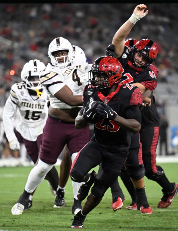 San Diego State Aztecs running back Josiah Lucas (23) scores his second touchdown of the game during the second half of a college football game against the Texas State Bobcats Oct. 3, 2026 in San Diego, Calif. (Photo by Denis Poroy)