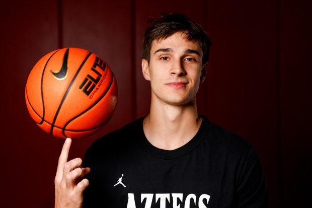 Luka Skoric of San Diego State poses for a photo during San Diego State's basketball media day on campus Tuesday, Oct. 13, 2026 in San Diego, California. (Meg McLaughlin / The San Diego Union-Tribune)