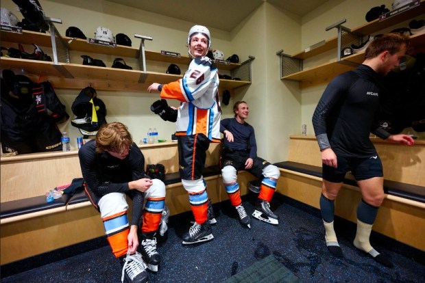 San Diego Gulls center Roger McQueen celebrates following Saturday night's win over the Henderson Silver Knights at Pechanga Arena. (San Diego Gulls)