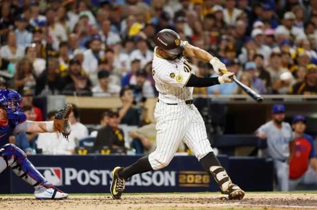 Padres shortstop Xander Bogaerts hits a solo home run in the fourth inning against the Chicago Cubs during Game 1 of the National League Wild Card Series at Petco Park on September 29, 2026 in San Diego, CA. (K.C. Alfred / The San Diego Union-Tribune)