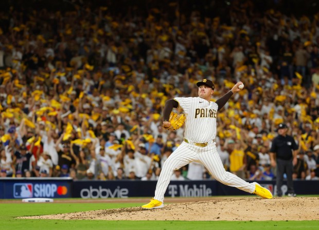 Adrian Morejon of the San Diego Padres pitches against the Chicago Cubs during Game 2 of the National League Wild Card Series at Petco Park. (K.C. Alfred / The San Diego Union-Tribune)
