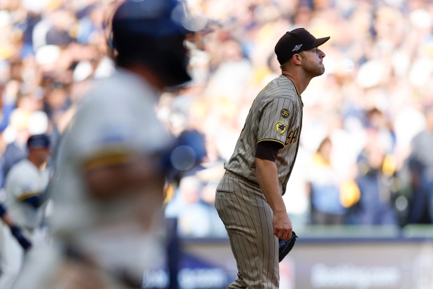 Michael King watches after Sal Frelick singled in the fifth inning of Game 2 of the National League Division Series at American Family Field on Sunday, Oct. 4, 2026 in Milwaukee, Wisconsin. (Meg McLaughlin / The San Diego Union-Tribune)