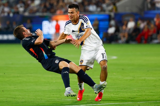 Anders Dreyer #10 of San Diego FC and Chucky Lozano #11 of the Los Angeles Galaxy battle for the ball at Snapdragon Stadium on Saturday, Aug. 29, 2026 in San Diego, California. (Meg McLaughlin / The San Diego Union-Tribune)