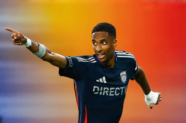 Amahl Pellegrino of San Diego FC celebrates after a goal against the Los Angeles Galaxy at Snapdragon Stadium on Saturday, Aug. 29, 2026 in San Diego, California. (Meg McLaughlin / The San Diego Union-Tribune)