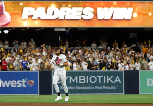 Fernando Tatis Jr. celebrates a double play after a win against the Milwaukee Brewers during Game 3 of the National League Division Series at Petco Park on October 6, 2026 in San Diego, CA. (K.C. Alfred / The San Diego Union-Tribune)