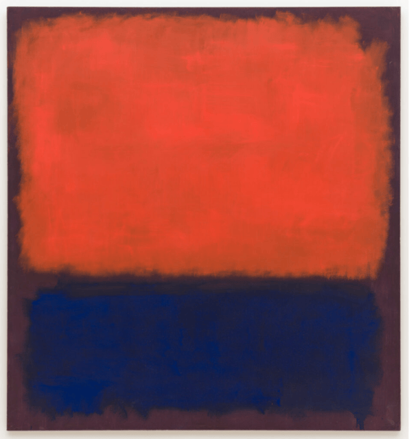 A painting with a large red rectangle above a dark blue rectangle, both with blurred edges, set against a maroon background.