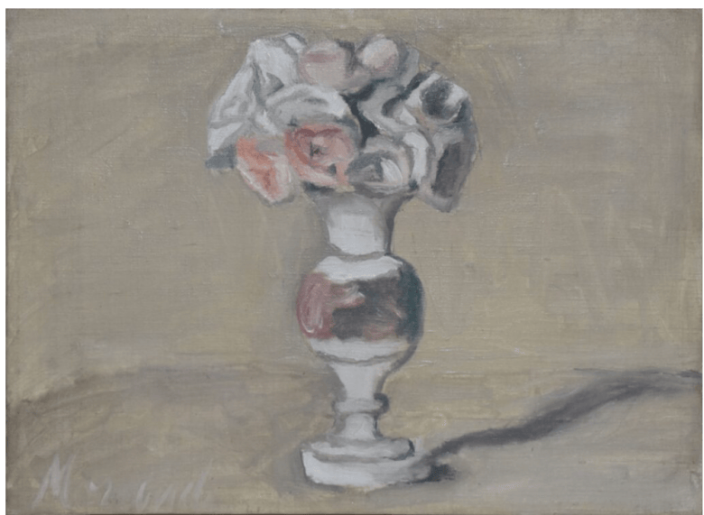 A muted painting depicts a vase with pale pink and white flowers against a plain beige background, casting a soft shadow to the right.