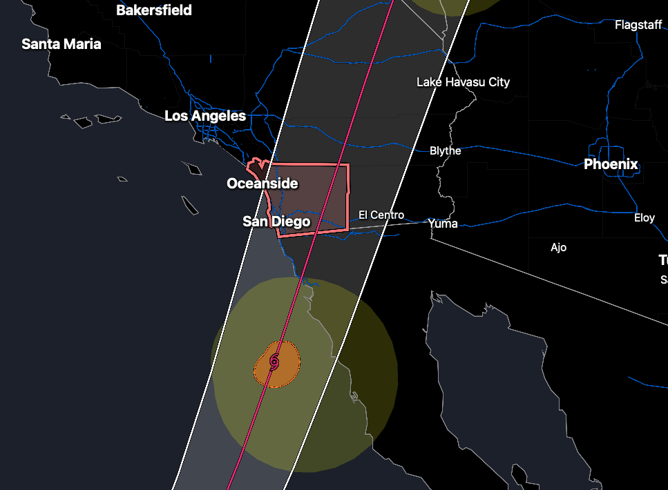 NHC forecast track and uncertainty cone for Tropical Storm Rachel (Radarscope)