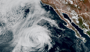 GOES-18 satellite image of Tropical Storm Rachel off the coast of Baja California on Oct. 9, 2026 (NOAA / CIRA/ RAAM-B)