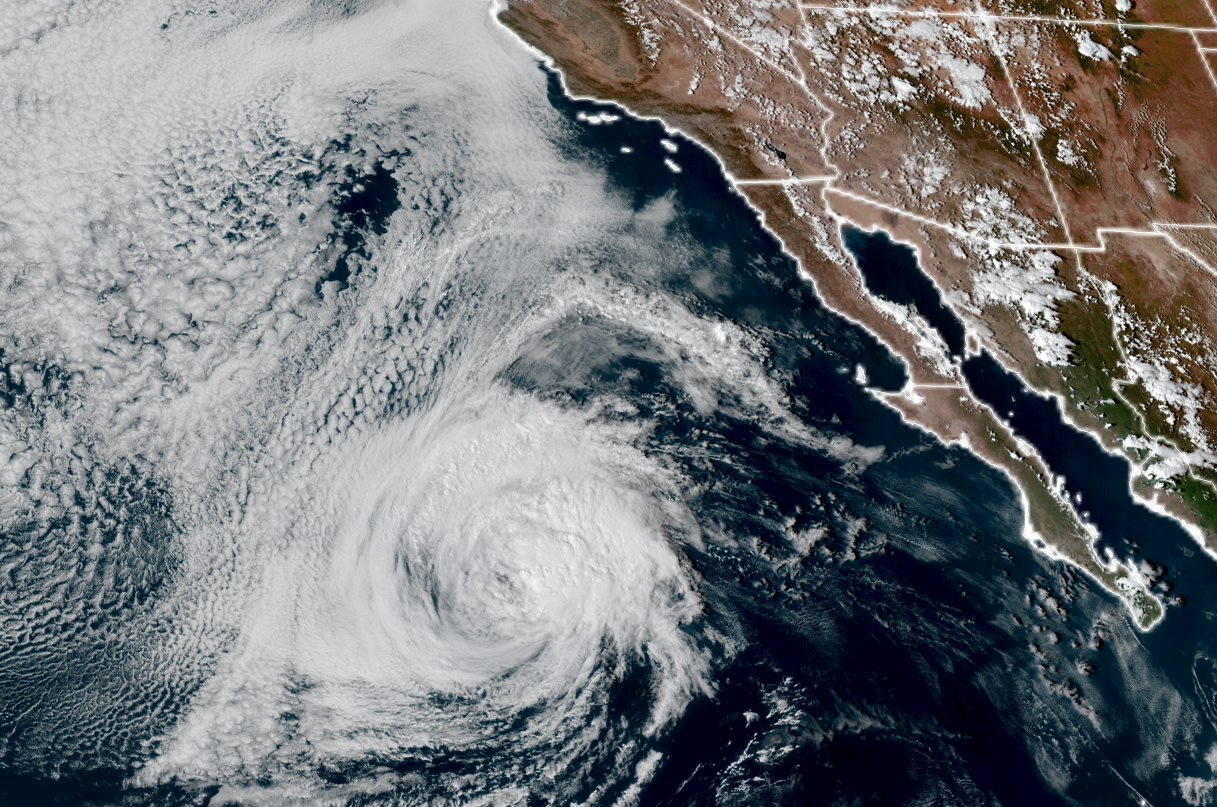 GOES-18 satellite image of Tropical Storm Rachel off the coast of Baja California on Oct. 9, 2026 (NOAA / CIRA/ RAAM-B)