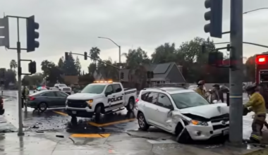 Three cars crash at Clovis intersection amid rainstorm.