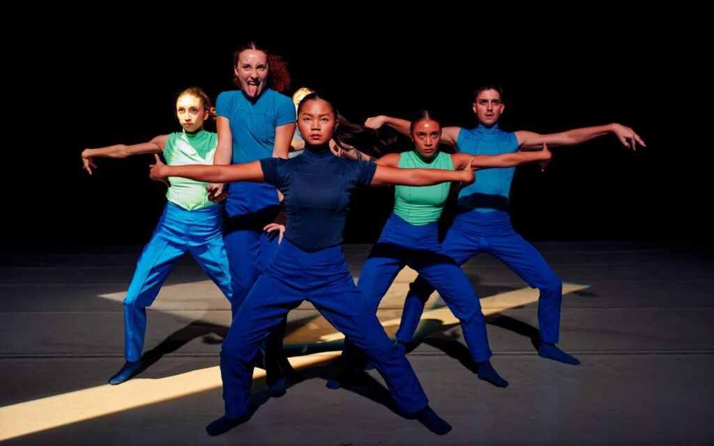 Carmen Callahan, Sofia Rochin, Rose Lindblom, Catie Menes, Zachary Medina in "Supremacy Ride" choreographed by Laurie Sefton. Photo by George Simian.
