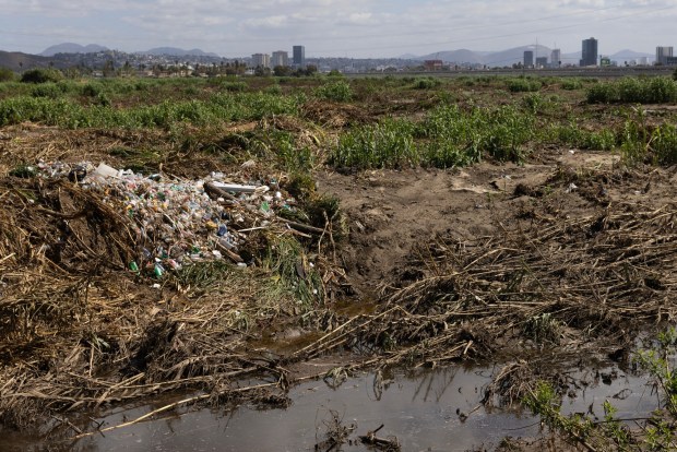 Imperial Beach, CA - Trash clumps along the bank of the Tijuana River in the Tijuana River Valley on Tuesday, Oct. 13, 2026, in Imperial Beach, CA. (Luke Johnson / The San Diego Union-Tribune)