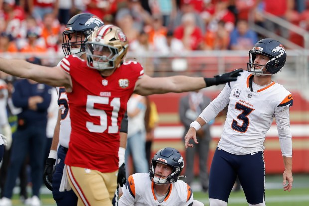San Francisco 49ers linebacker Luke Gifford (51) reacts as Denver Broncos kicker Wil Lutz (3) misses a field goal attempt during the second half of an NFL football game in Santa Clara, Calif., Sunday, Oct. 4, 2026. (AP Photo/Kelley L. Cox)
