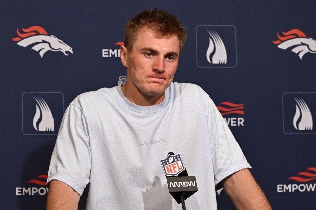 Denver Broncos quarterback Bo Nix speaks at a news conference after an NFL football game against the San Francisco 49ers in Santa Clara, Calif., Sunday, Oct. 4, 2026. (AP Photo/Justine Willard)