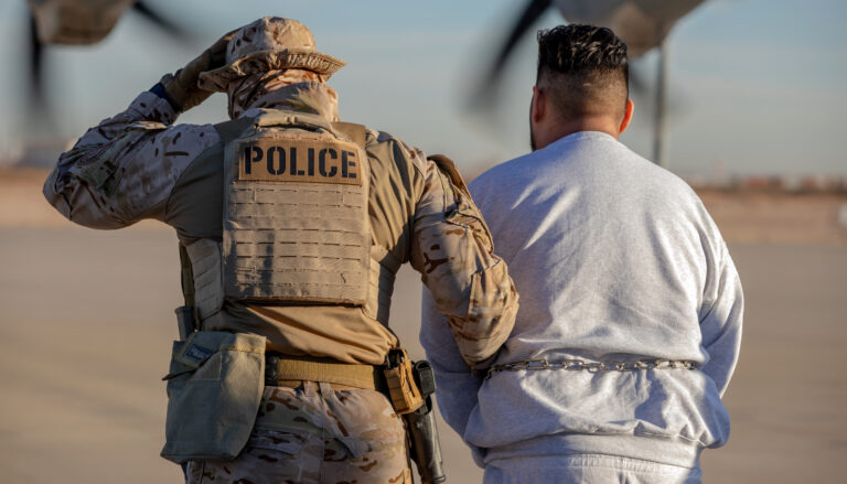 A photo showing from behind a person in military fatigues and a sidearm in a holster, with a "police" patch across the back, escorts a chained male prisoner toward an aircraft.