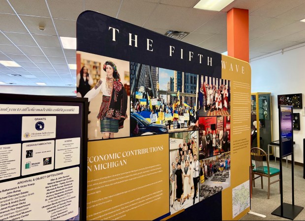 An exhibit from "The Ukrainian American Story: The Immigration Experience in Southeast Michigan" on display in Hamtramck. (Mallory Waligora, For MediaNews Group)