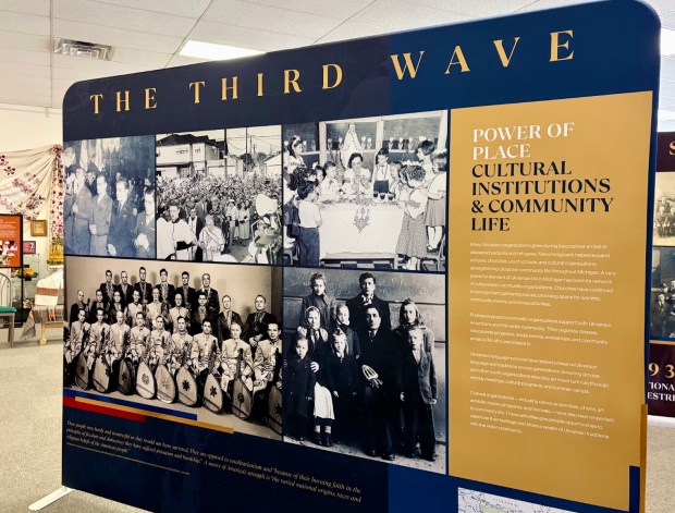 An exhibit from "The Ukrainian American Story: The Immigration Experience in Southeast Michigan" on display in Hamtramck. (Mallory Waligora, For MediaNews Group)