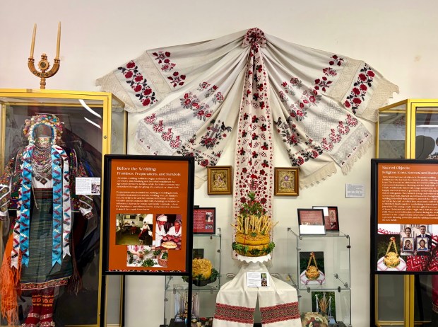 An exhibit from "The Ukrainian American Story: The Immigration Experience in Southeast Michigan" on display in Hamtramck. (Mallory Waligora, For MediaNews Group)