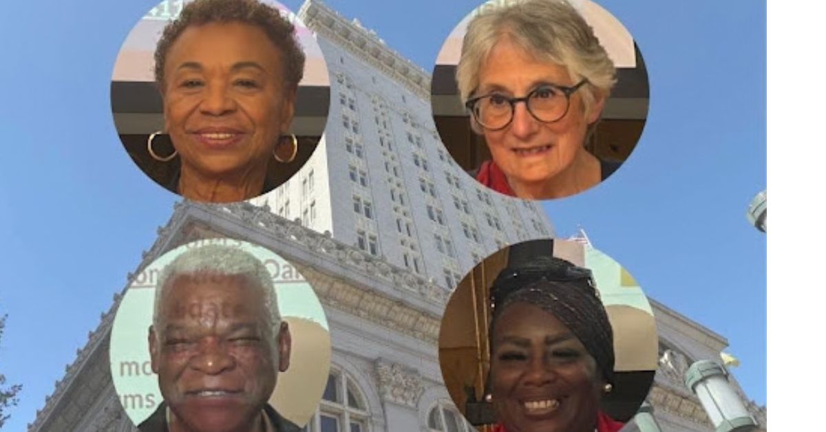 Four faces are superimposed in individual circles over a tall white skyscraper
