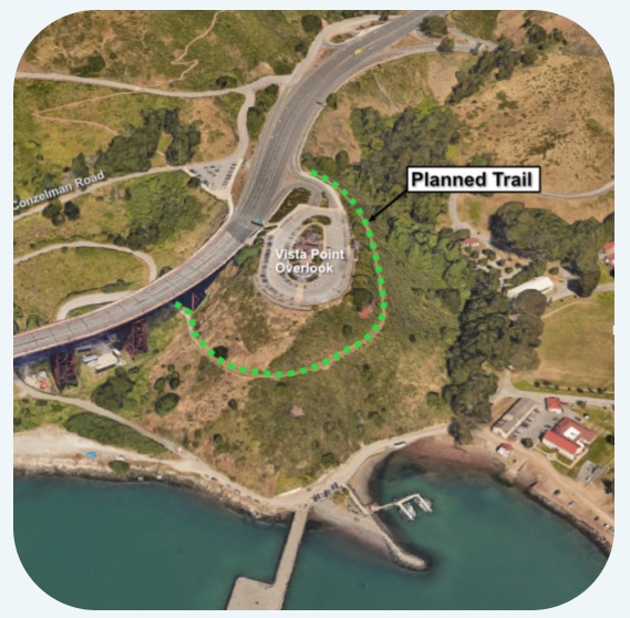 Bicyclists have a new paved route north of the Golden Gate Bridge that allows them to bypass a dangerous road on the way to Sausalito. The map shows the new Vista Point Trail in Sausalito. (Marin County Bike Coalition)