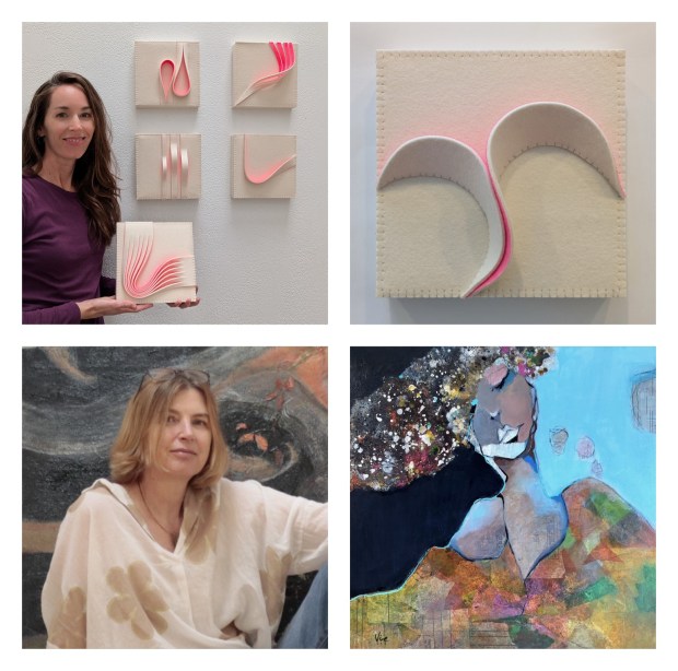 Sculptor and artist Stephanie Metz, top, used wool felt to create "Pinkness Study #20," while mixed-media artist Sylvie Levesque, bottom, used unconventional materials such as patterned paper for "Edge of Silence." Metz and Levesque are Among the 30 local artists who will welcome the public into their creative spaces for the 15th annual Fall Open Studios at The Alameda Artworks in San Jose on Nov. 14-15. (Courtesy photos)