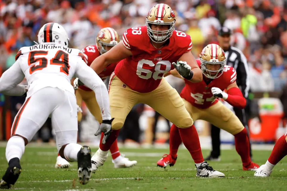 Niners right tackle Colton McKivitz (68), who started every game the past two seasons, is eager to see what his talents are worth next year when he can become a free agent.
