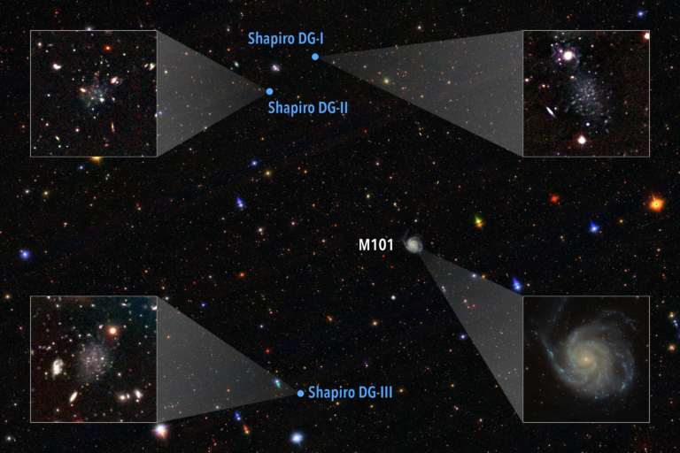 A composite image created by Julian Shapiro using astronomical images depicting the three Shapiro dwarf galaxies.