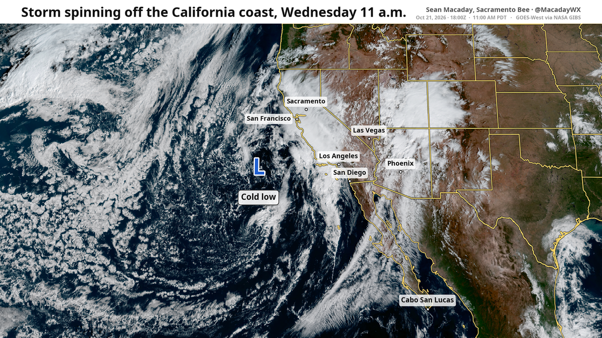 A maturing extratropical cyclone of low pressure will spin out across California through Thursday night, bringing widespread showers and cooler temperatures.