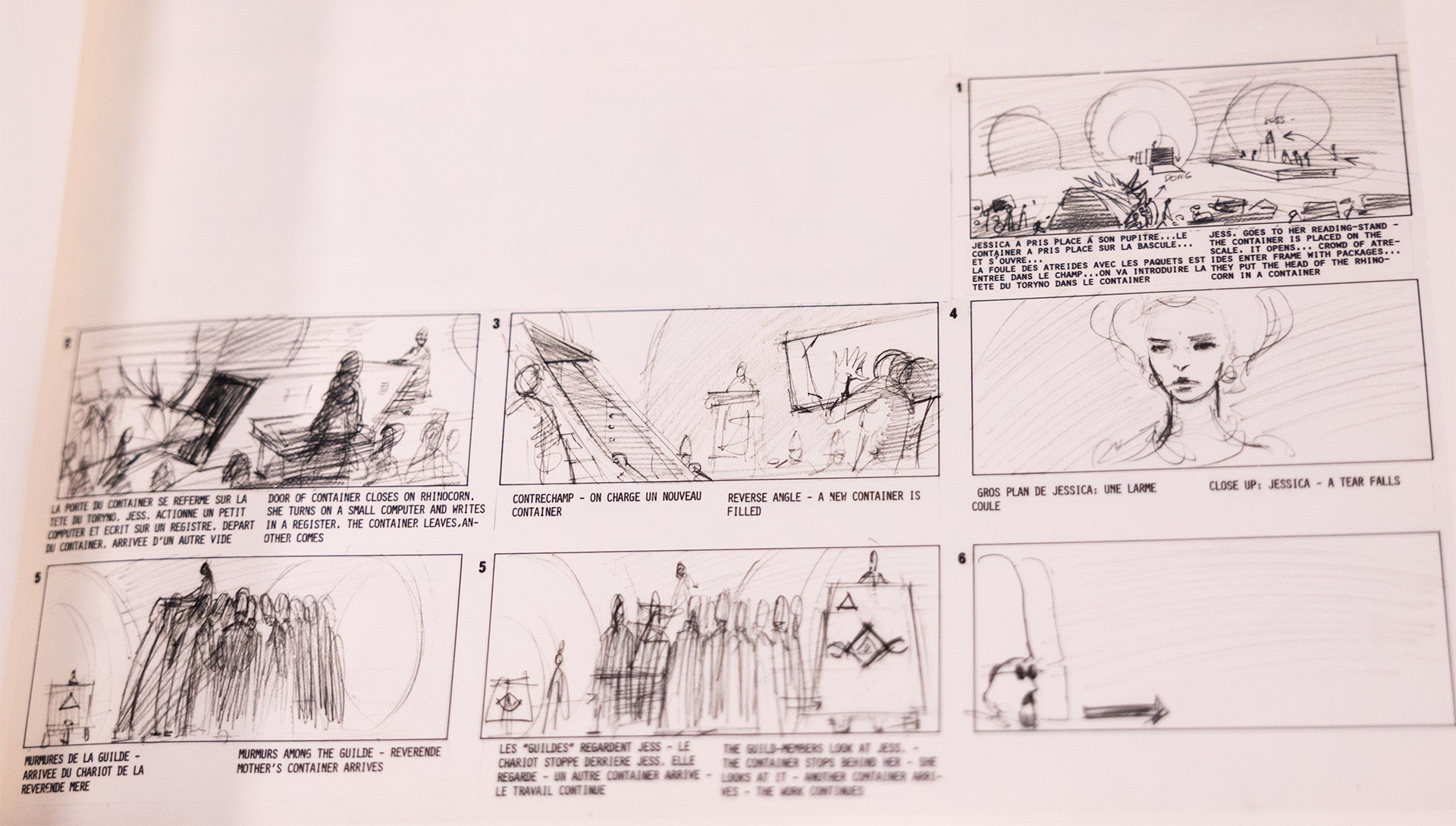 A film storyboard with a page of pencil sketches