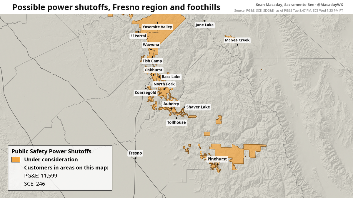 Areas under consideration for power shutoffs across the Central and Southern Sierra as of Wednesday afternoon.