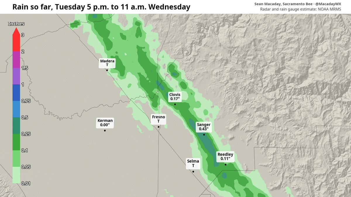 A line of thunderstorms late Wednesday morning dropped substantial rainfall in areas near Fresno outside of the city center, a pattern that will be common across Central California through the day.