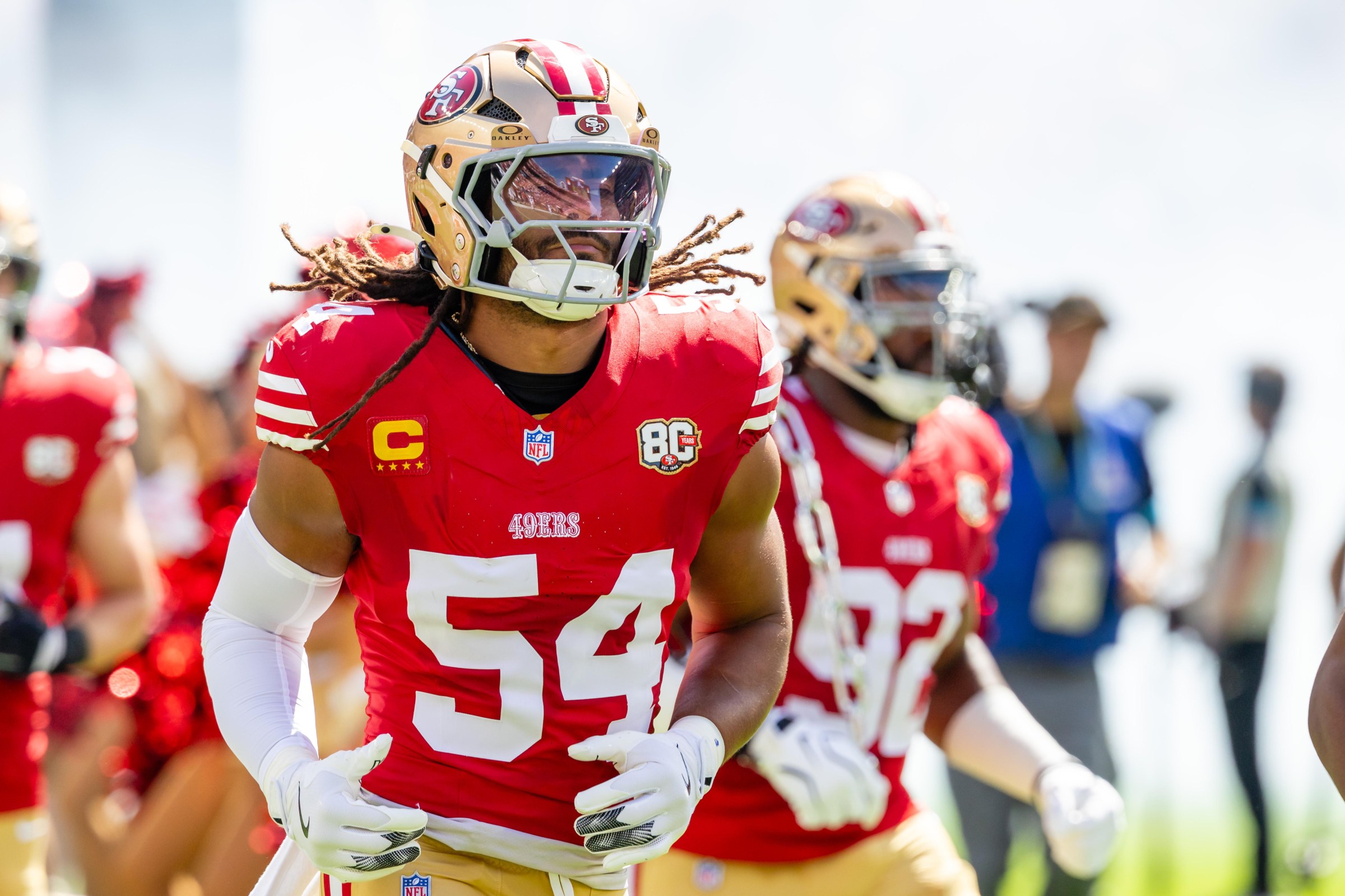 SANTA CLARA, CA - SEPTEMBER 27: Fred Warner #54 of the San Francisco 49ers enters the field an NFL game against the Arizona Cardinals on September 27, 2026 at Levi’s Stadium in Santa Clara, CA. (Photo by Matthew Huang/Icon Sportswire via Getty Images)