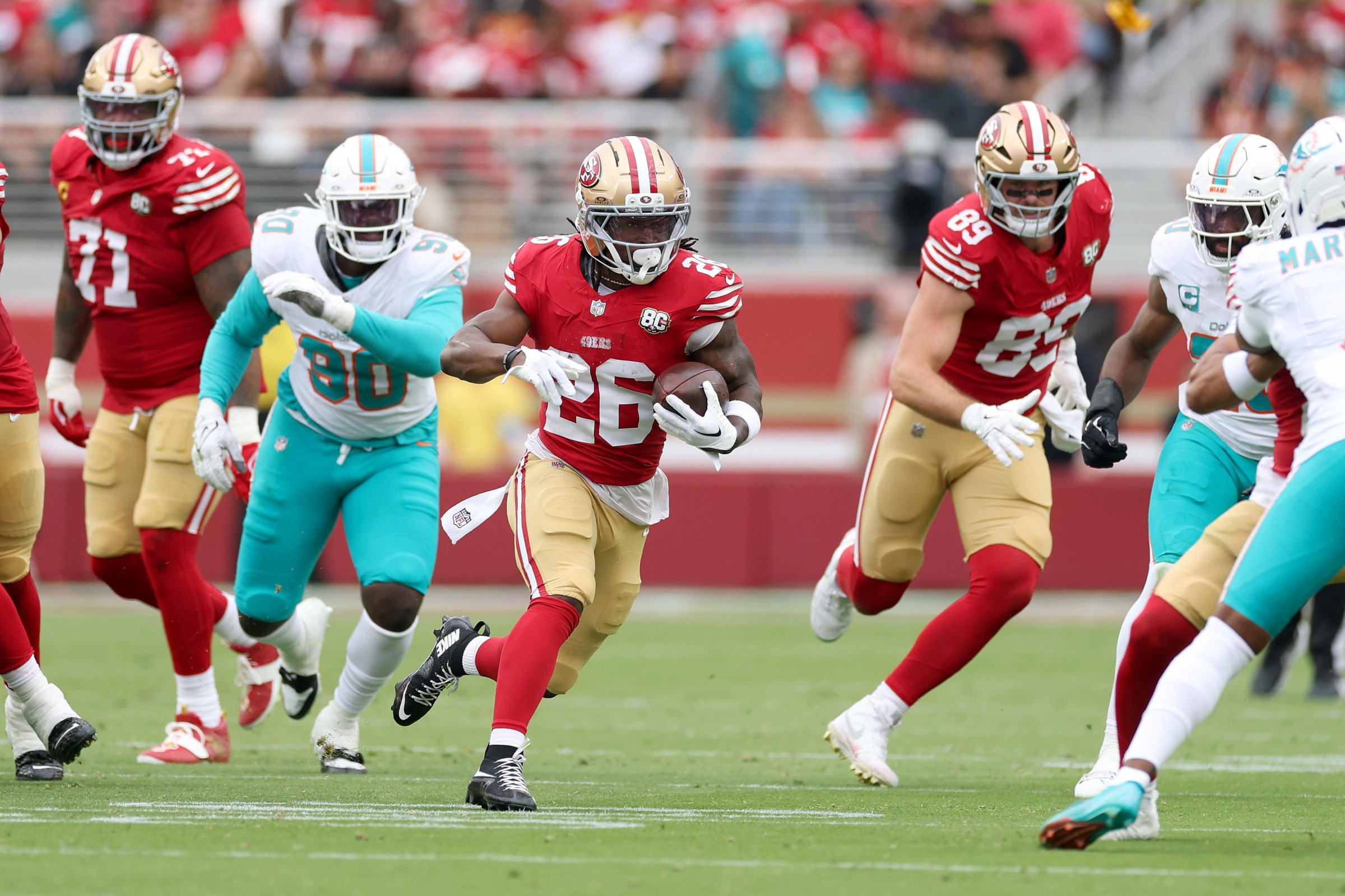 SANTA CLARA, CALIFORNIA - SEPTEMBER 20: Kaelon Black #26 of the San Francisco 49ers runs with the ball against the Miami Dolphins at Levi’s Stadium on September 20, 2026 in Santa Clara, California. (Photo by Ezra Shaw/Getty Images)