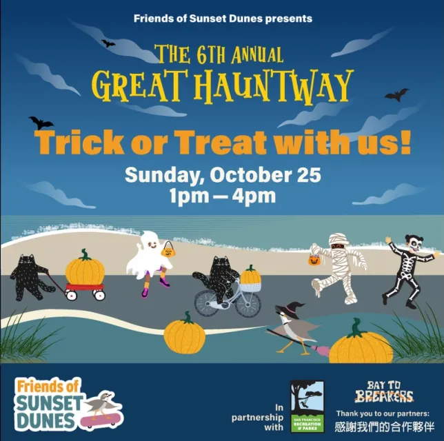 Event poster for The 6th Annual Great Hauntway on Sunday, October 25 from 1pm to 4pm, featuring cartoon characters in costumes on a beach path.