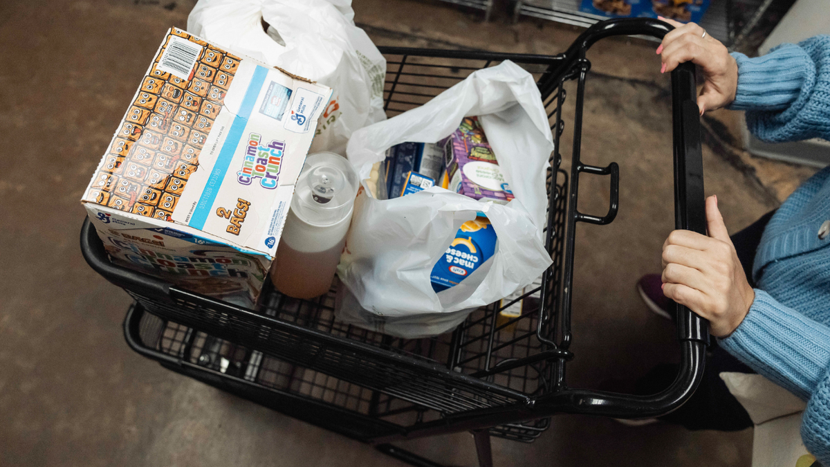 A woman pushes a grocery cart in a store in Florida