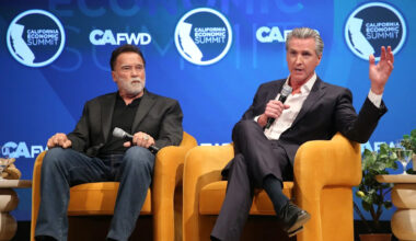 Gavin Newsom and Arnold Schwarzenegger congratulate each other on California’s hated environmental regulations