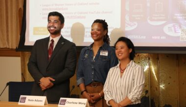 Oakland City Council District 2 candidates stand side-by-side behind a wooden desk following a candidate forum. From left to right: Nate Adams in a dark suit and red tie, moderator Precious Green in a denim button-down shirt with a name tag, and Charlene Wang in a striped button-down shirt on the right.