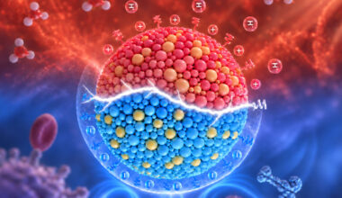 Illustration of a lipid nanoparticle able to switch between positive charge, shown in red, and negative charge, shown in blue.