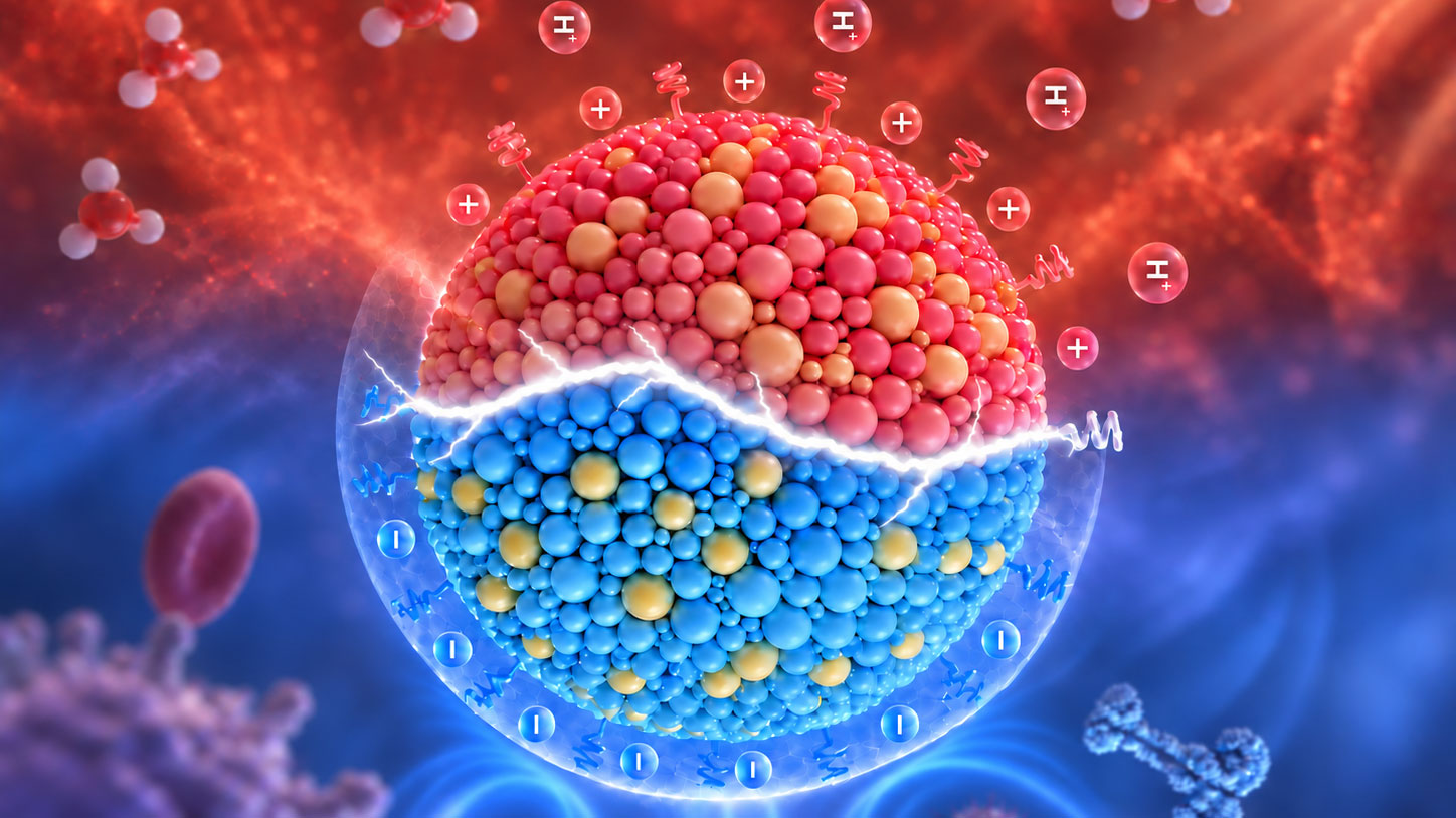 Illustration of a lipid nanoparticle able to switch between positive charge, shown in red, and negative charge, shown in blue.