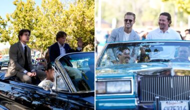 Sharks pull up to teal carpet in vintage cars