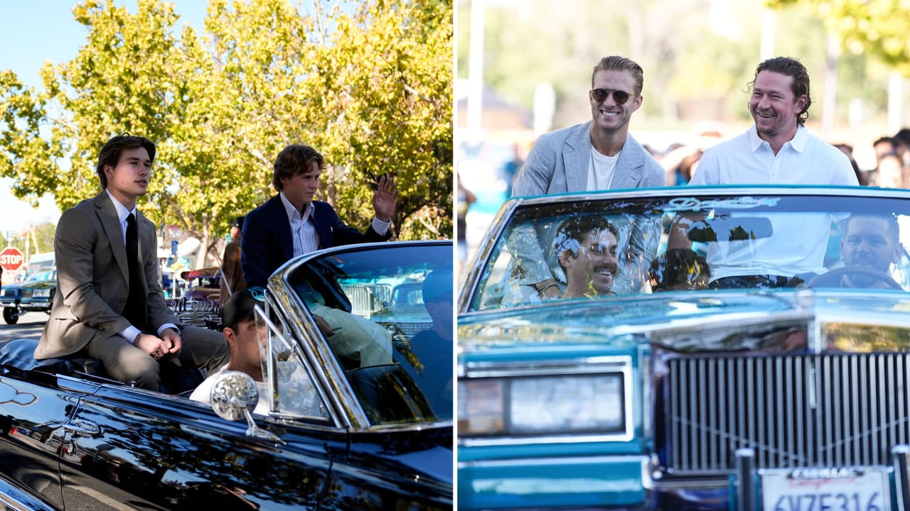 Sharks pull up to teal carpet in vintage cars