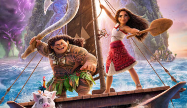 Promotional image for Moana 2 featuring Moana holding an oar on a wooden canoe alongside Maui, who holds his giant fishhook, with animal sidekicks Heihei and Pua on deck.