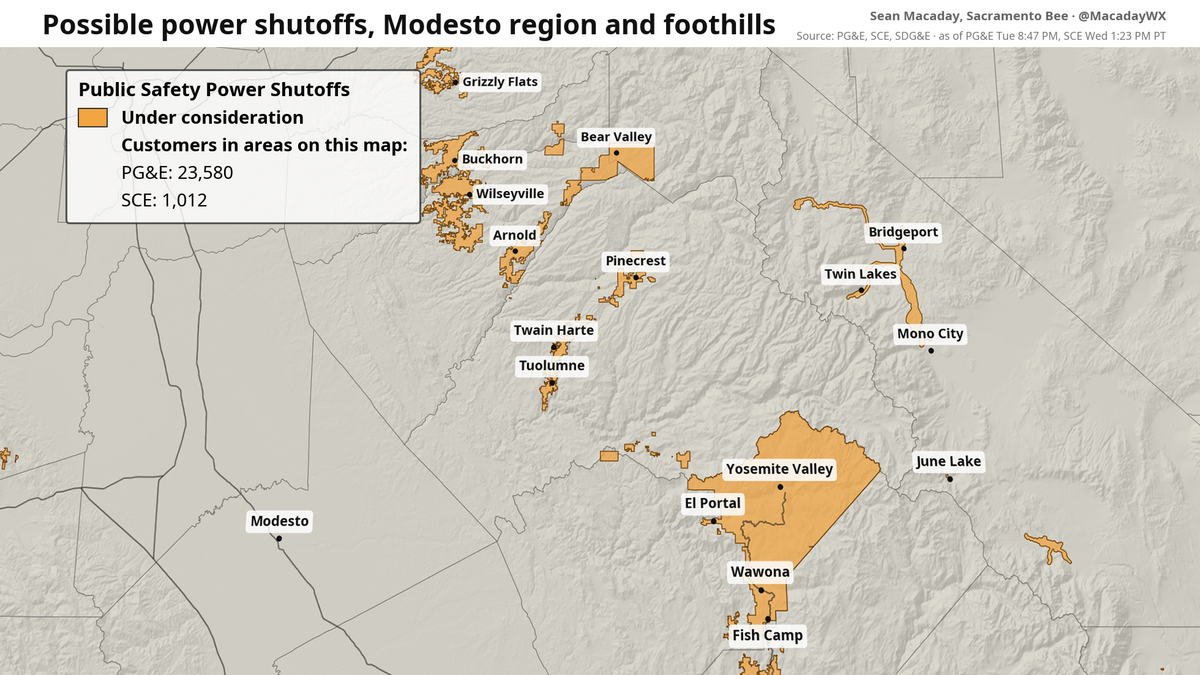 Areas under consideration for power shutoffs across the Central and Southern Sierra as of Wednesday afternoon.