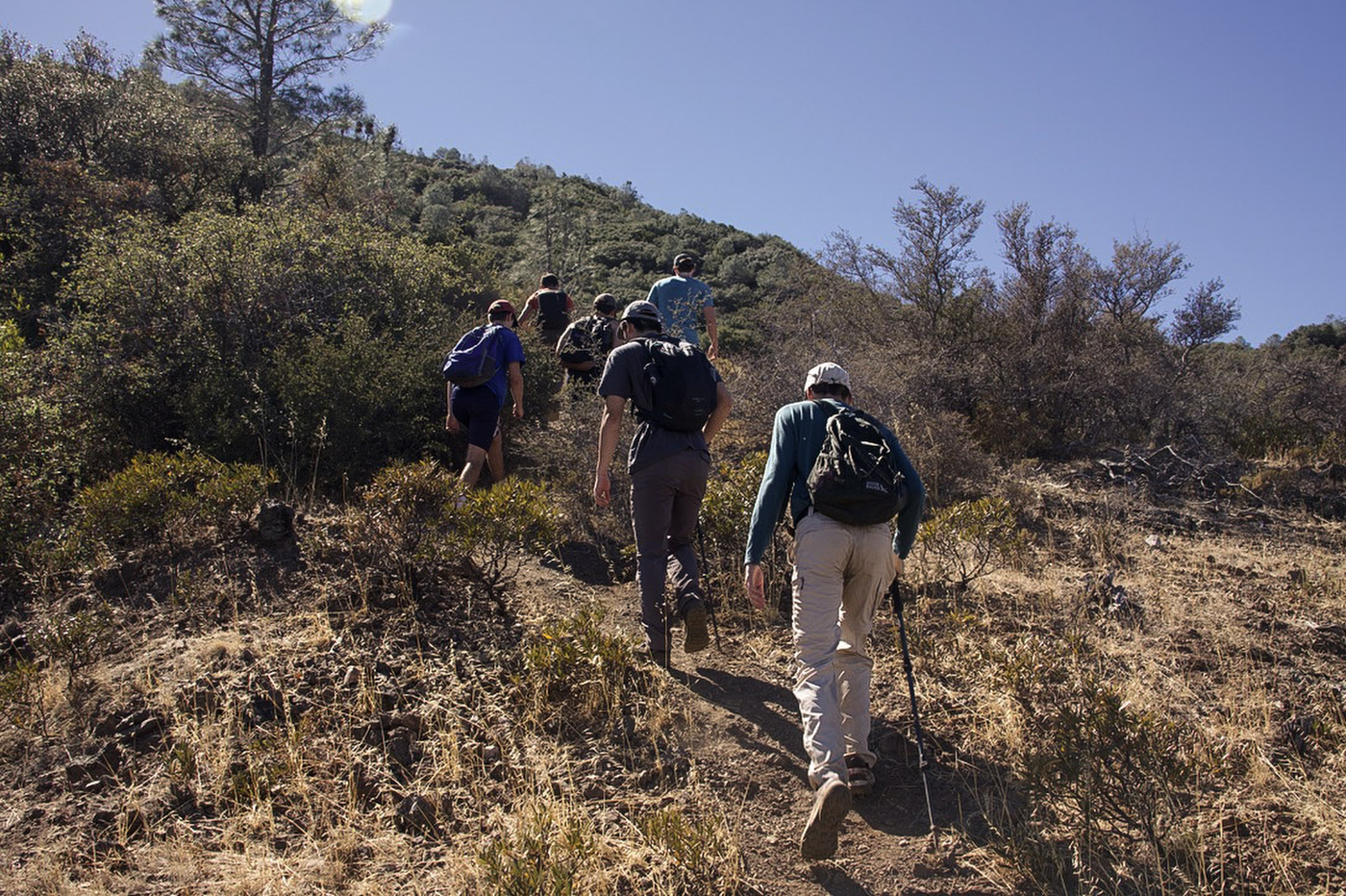 A group of hikers with backpacks climbing a dirt trail up a dry, brushy hillside under a clear sky, one using a trekking pole.