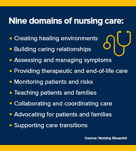 Text graphic lists nine domains of nursing care, including symptom management, patient education, care coordination and advocacy.