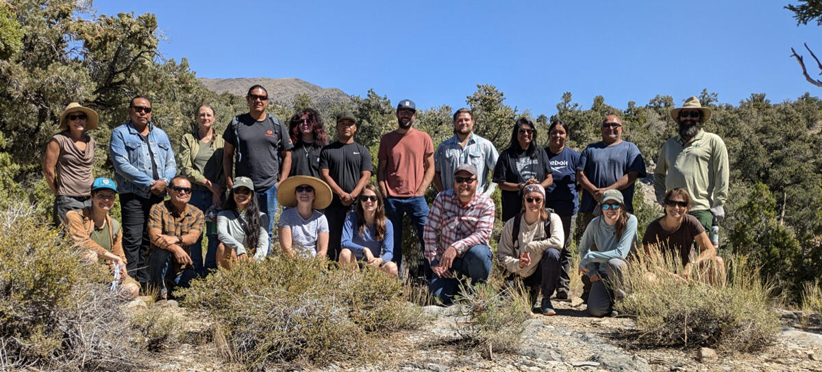 A group of people pose smiling in two rows on a sunlit mountain slope with low shrubs and juniper trees.